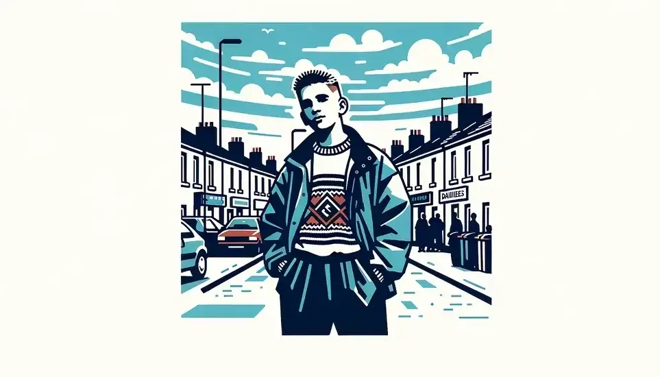 Ilustración minimalista de un joven rapero francés en una calle suburbana de los 90