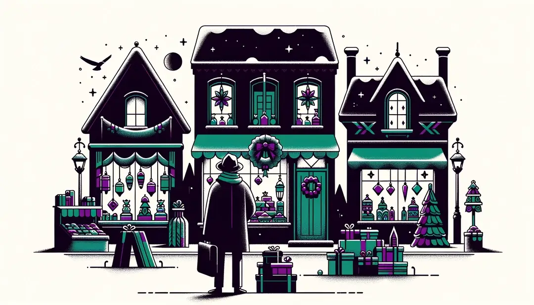Ilustración minimalista de un festival navideño en un pueblo con vitrinas decoradas y una persona admirándolas