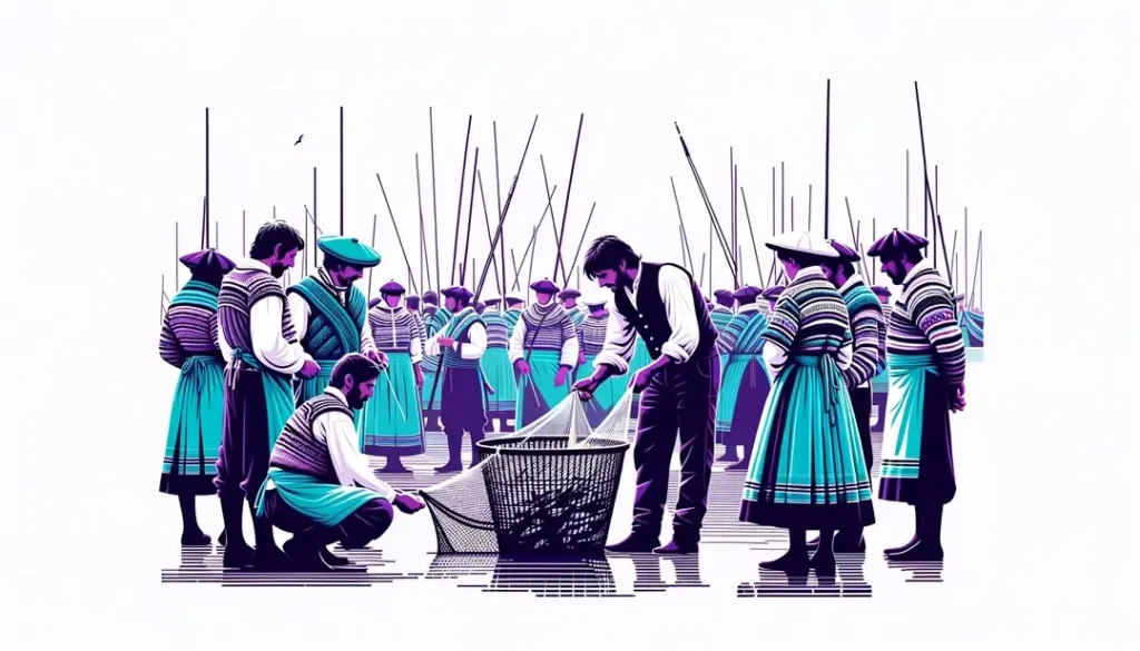 Imagen minimalista que muestra un festival de pescadores en Bretaña con figura humana en vestimenta tradicional y colores específicos