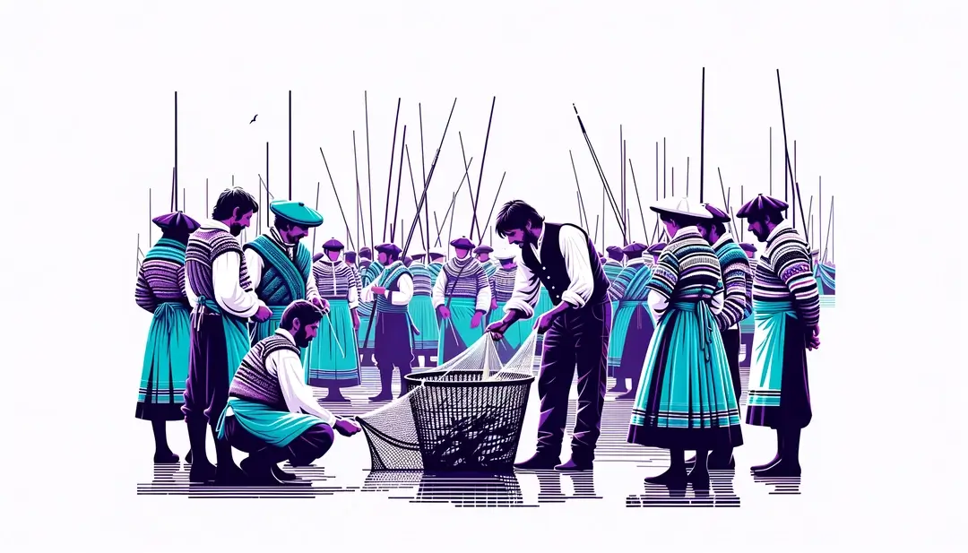 Imagen minimalista que muestra un festival de pescadores en Bretaña con figura humana en vestimenta tradicional y colores específicos