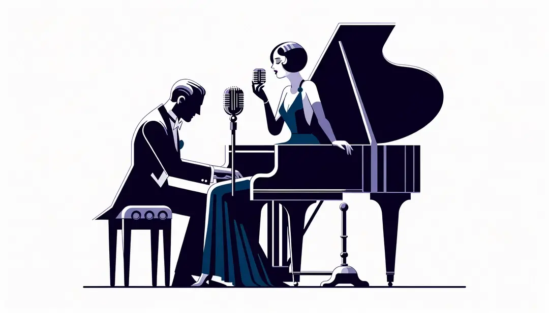 Ilustración minimalista de un pianista y una cantante en un club de jazz parisino