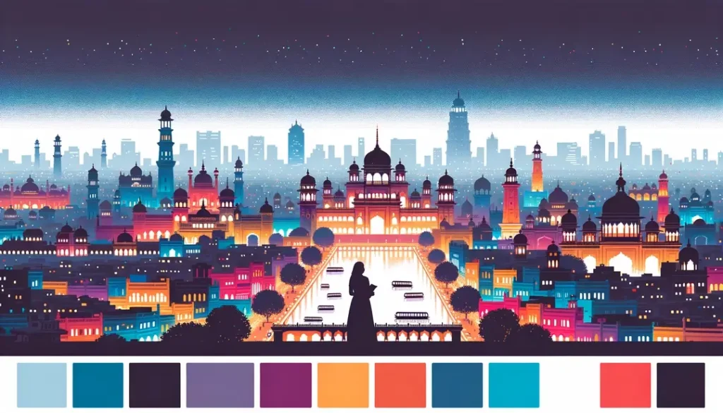 Ilustración minimalista de un festival nocturno de la UNESCO en una ciudad histórica