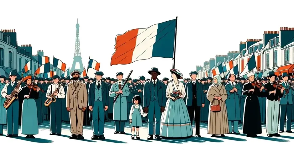 Ilustración minimalista de una ceremonia patriótica francesa durante la Cuarta República