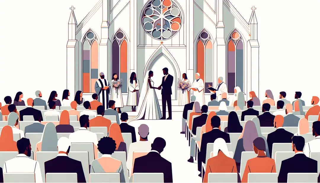 Ilustración minimalista de una ceremonia de boda en una iglesia protestante francesa con fondo blanco