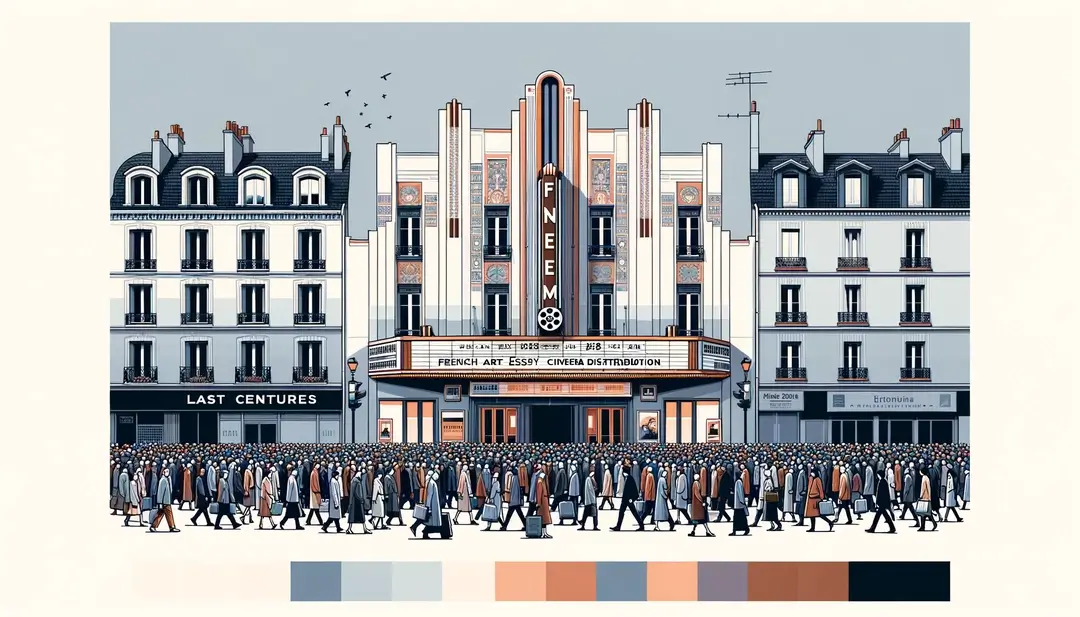 Ilustración de una sala de cine francesa con público diverso disfrutando del cine de arte y ensayo
