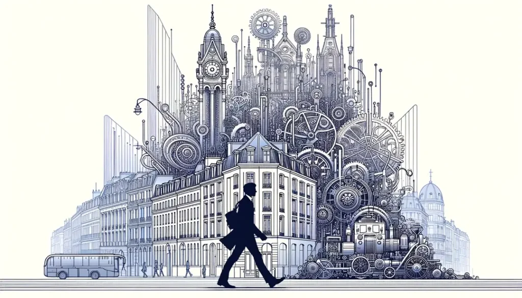 Imagen minimalista de una figura humana en un paisaje de Nantes con referencias al legado de Julio Verne
