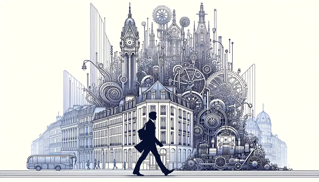 Imagen minimalista de una figura humana en un paisaje de Nantes con referencias al legado de Julio Verne