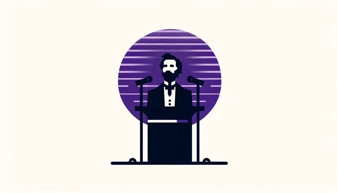 Ilustración minimalista de una ceremonia pública sobre Victor Hugo con figura humana en un podio