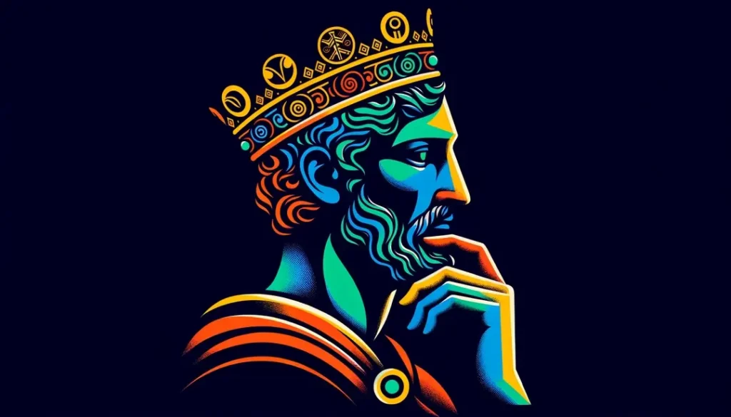 Ilustración minimalista del legado merovingio con un rey legendario en pose reflexiva
