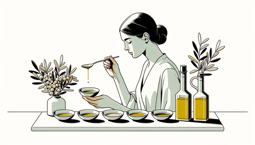Persona degustando diferentes aceites de oliva en un entorno provenzal minimalista