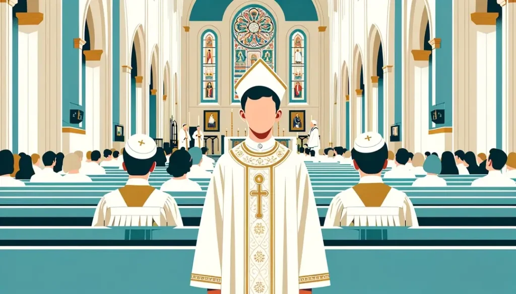 Ilustración minimalista de una ceremonia de confirmación en iglesia francesa con figura humana en vestimenta blanca