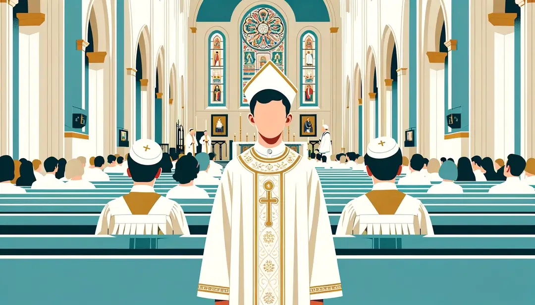 Ilustración minimalista de una ceremonia de confirmación en iglesia francesa con figura humana en vestimenta blanca