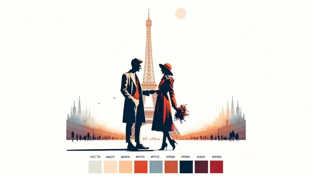 Ilustración minimalista de una pareja disfrutando del Día de San Valentín en la ciudad del amor