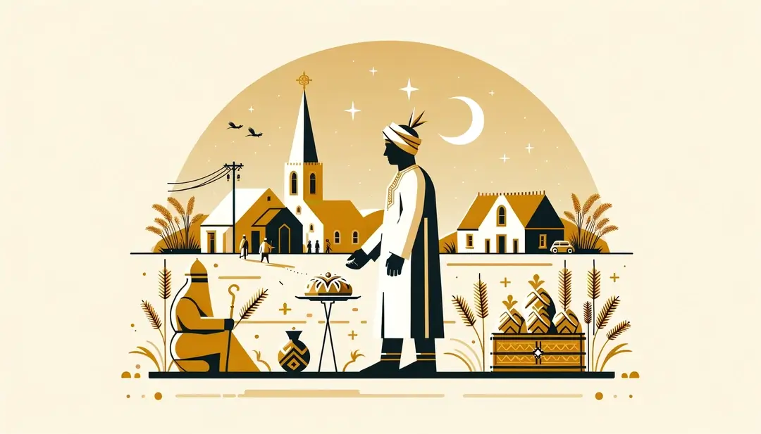 Ilustración minimalista de una celebración de Epifanía mostrando figuras humanas y elementos tradicionales en un entorno rural francés