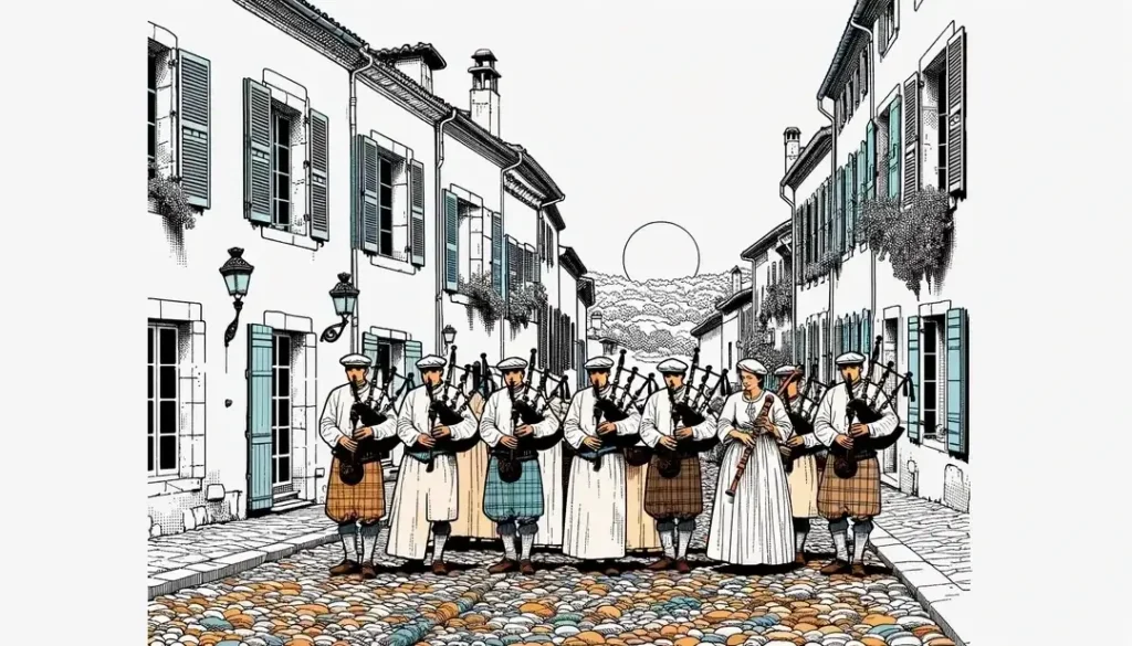 Una escena musical tradicional en una calle de calade con músicos tocando instrumentos provenzales