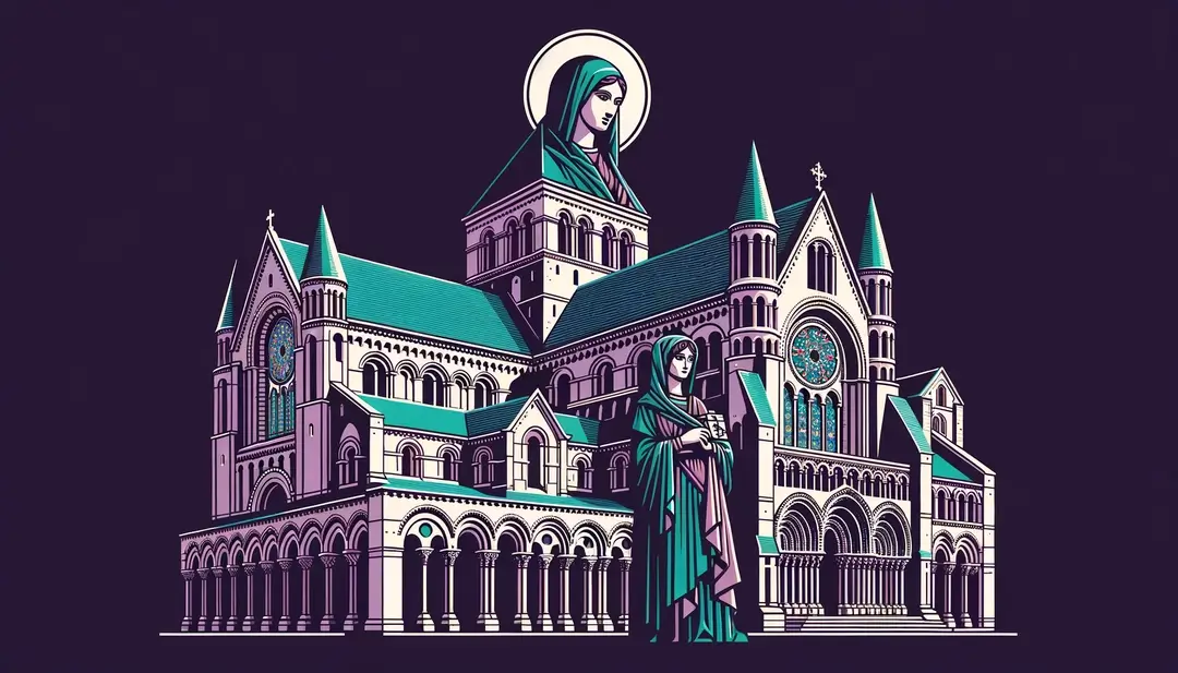 Ilustración minimalista del monasterio de Conques y Sainte Foy en el contexto medieval