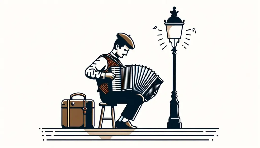 Músico francés del siglo XIX tocando el acordeón musette en una calle de Montmartre