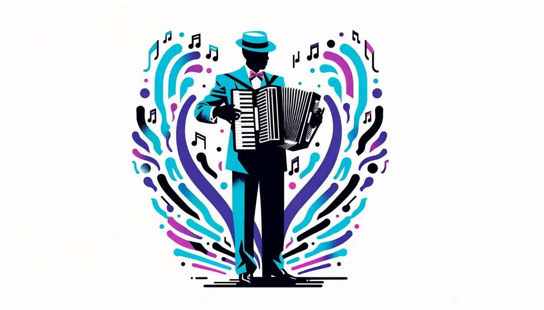 Ilustración minimalista de un músico haitiano de los años 50 tocando el acordeón en París