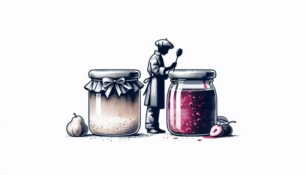 Ilustración de un chef francés preparando compota y confitura
