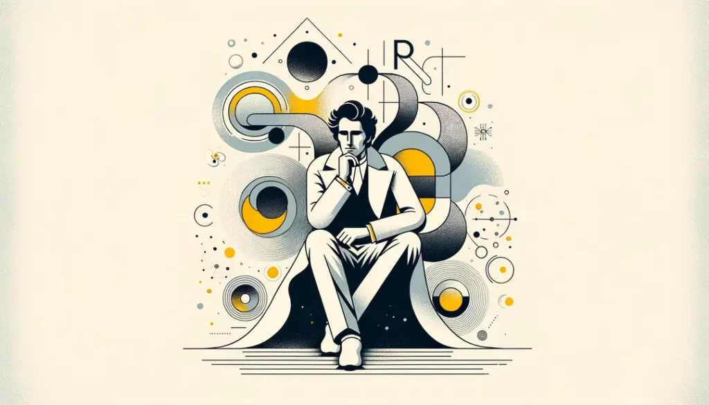 Ilustración minimalista del impacto de la fenomenología en la filosofía francesa con Jean-Paul Sartre simbolizando el pensamiento reflexivo