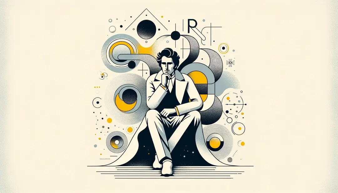 Ilustración minimalista del impacto de la fenomenología en la filosofía francesa con Jean-Paul Sartre simbolizando el pensamiento reflexivo
