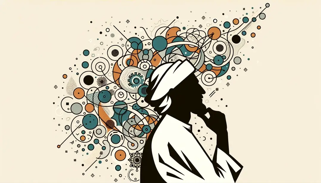 Ilustración minimalista de una figura humana contemplando nociones filosóficas relacionadas con la identidad y el pensamiento moderno