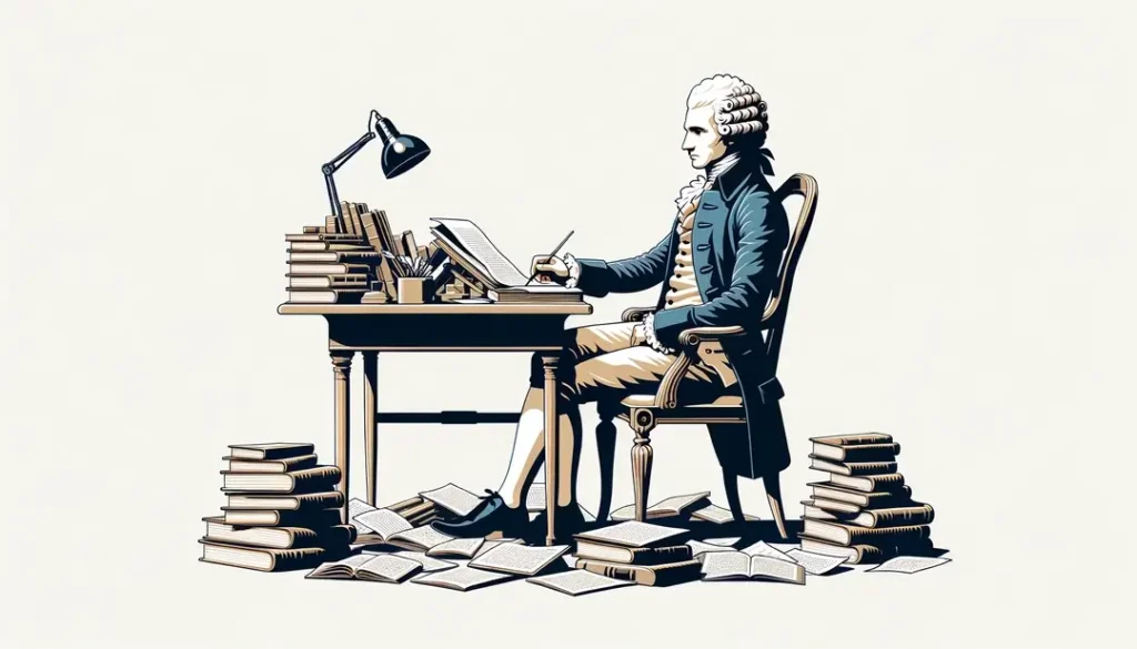 Escena minimalista de un filósofo francés en su estudio del siglo XVIII simbolizando el espíritu del movimiento ilustrado