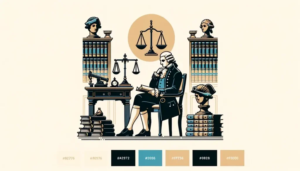 Ilustración de Montesquieu en su escritorio con símbolos de balance político