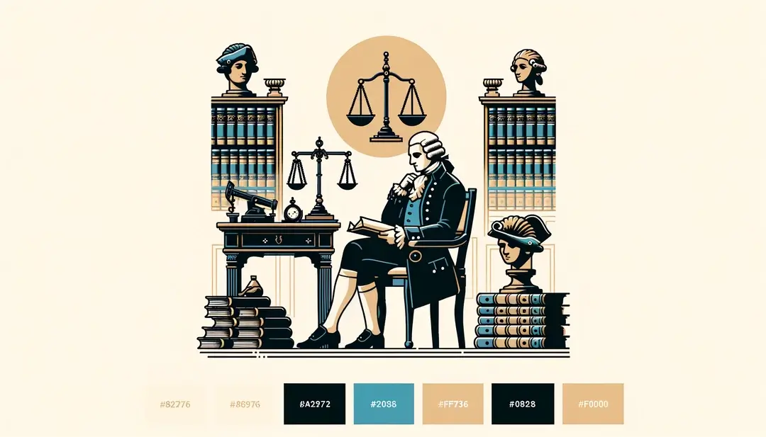 Ilustración de Montesquieu en su escritorio con símbolos de balance político