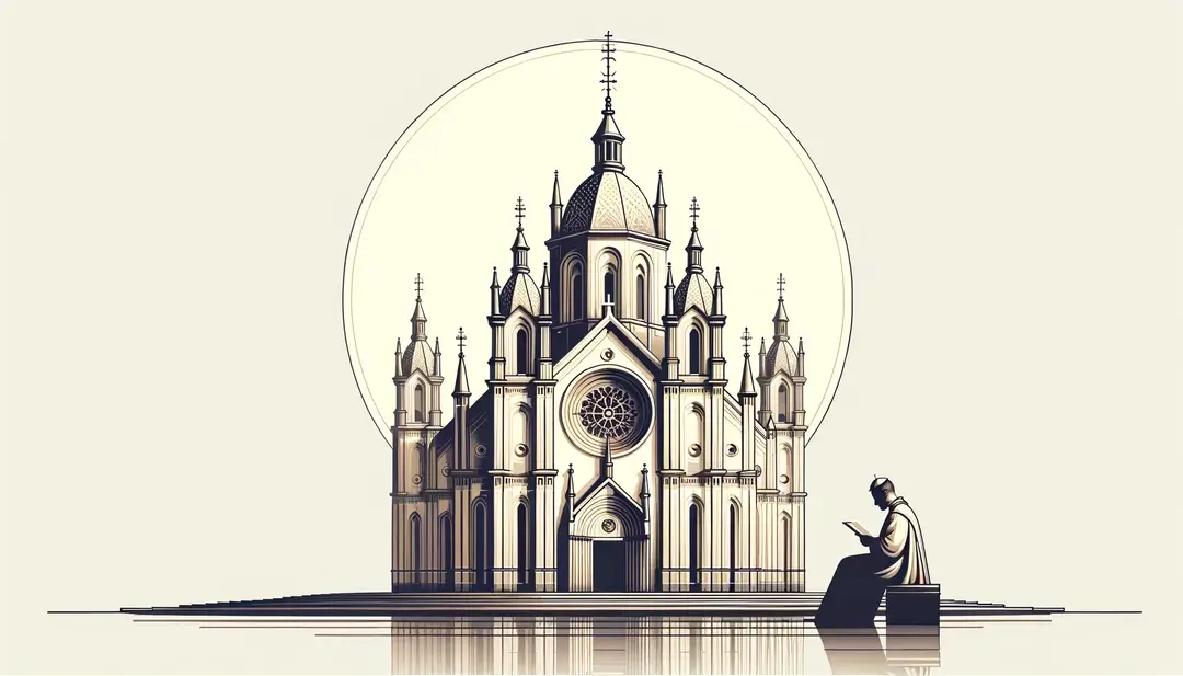 Imagen de una iglesia católica con un clérigo en traje tradicional