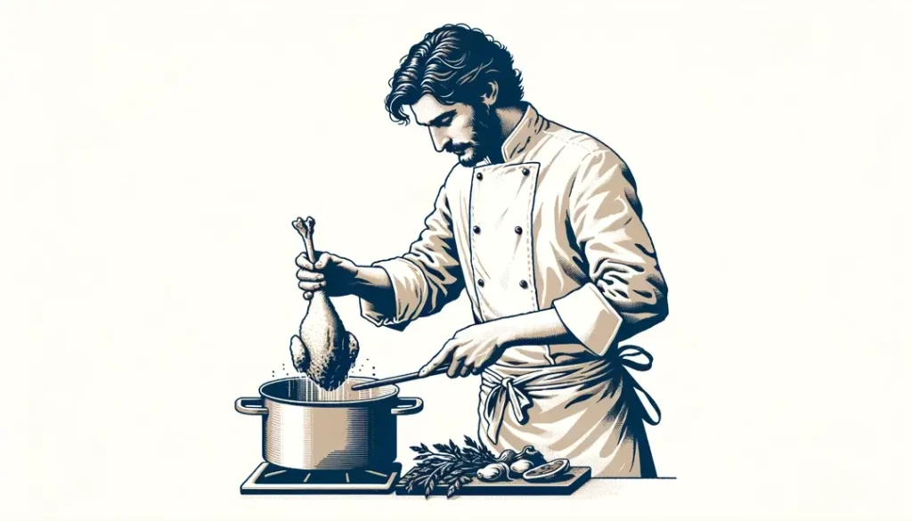 Chef francés cocinando confit de pato en una olla con hierbas aromáticas