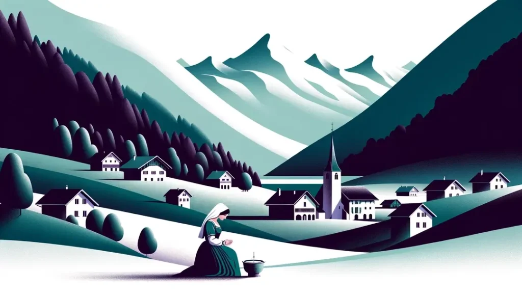 Ilustración minimalista de una mujer francesa realizando un rito cultural con leche en los Alpes
