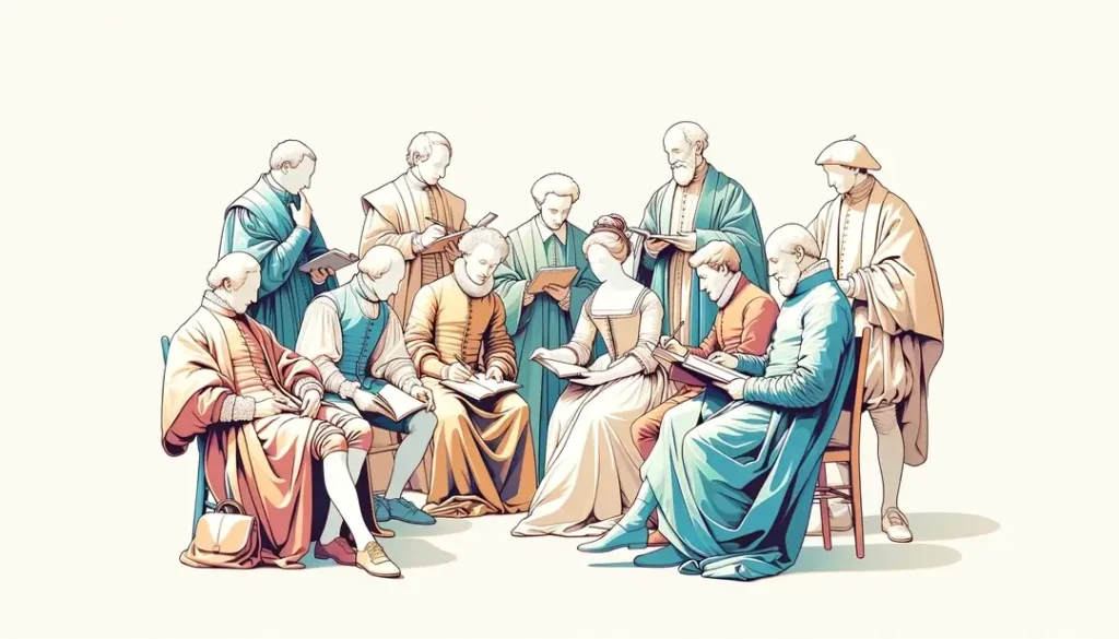 Ilustración de figuras históricas en eventos culturales universitarios del Humanismo francés