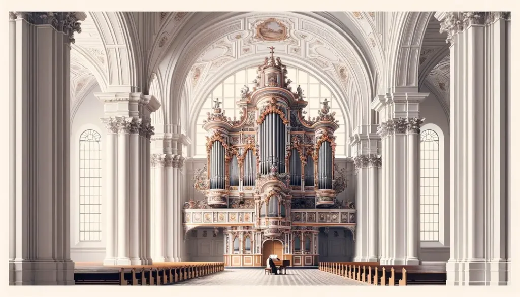 Imagen de un organista barroco tocando un órgano histórico en una iglesia alsaciana