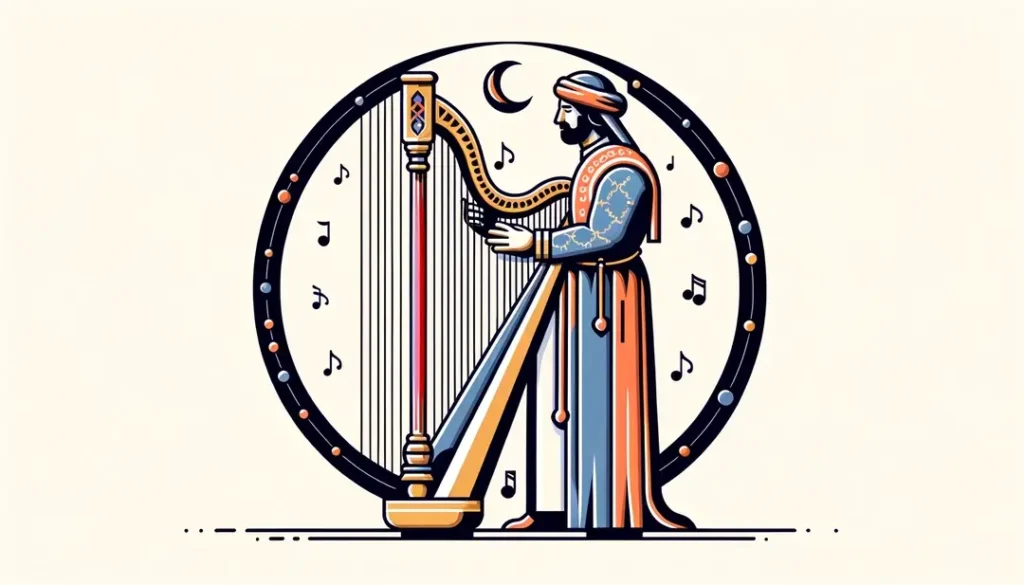 Trovador medieval europeo tocando el arpa representando la adaptación musical de textos sagrados a melodías seculares en el contrafactum
