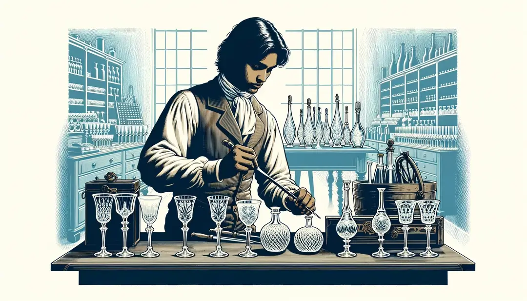 Un artesano francés del siglo XVIII fabrica delicada cristalería en un taller