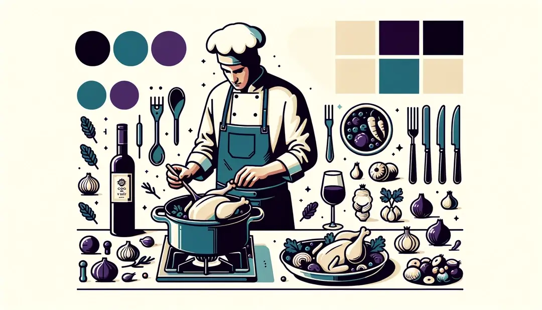 Chef francés preparando coq au vin con vino tinto