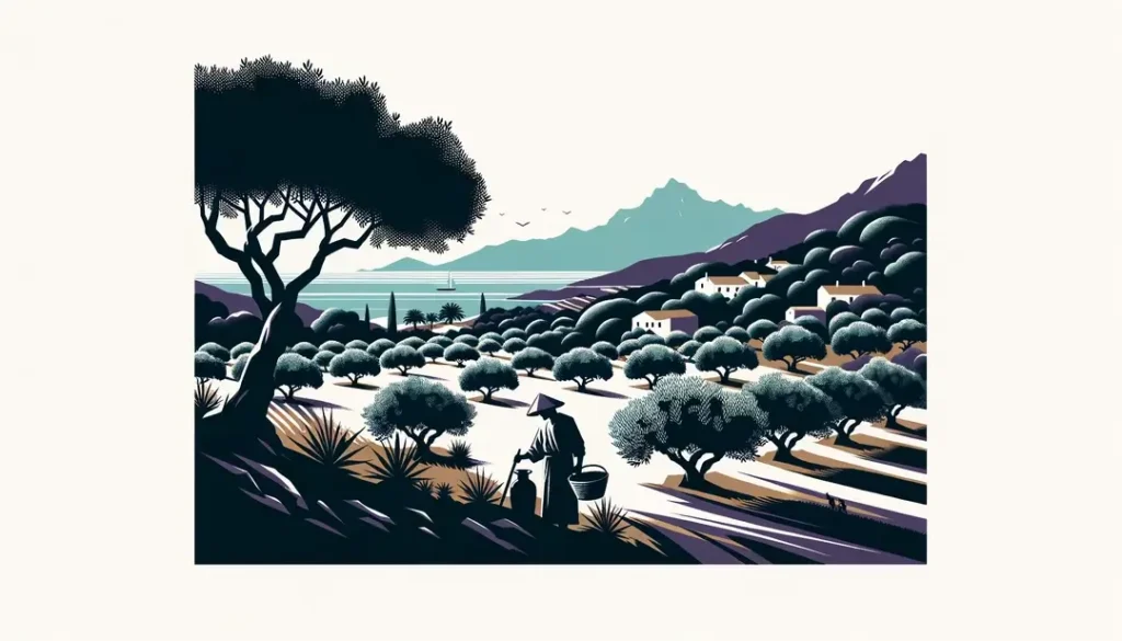 Ilustración minimalista de un agricultor corso en un olivar con el mar Mediterráneo al fondo
