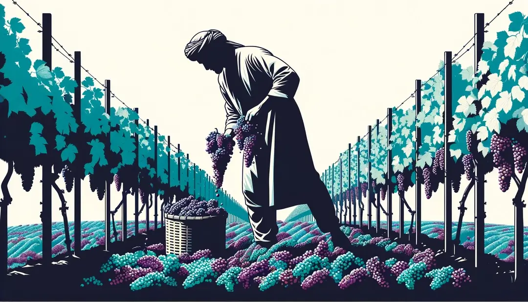 Ilustración minimalista de una figura humana recolectando uvas en un viñedo de Languedoc-Roussillon
