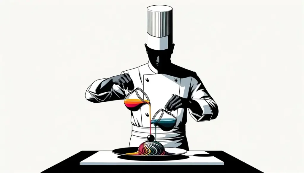 Chef francés decorando un plato gourmet con coulis en un patrón artístico y sofisticado