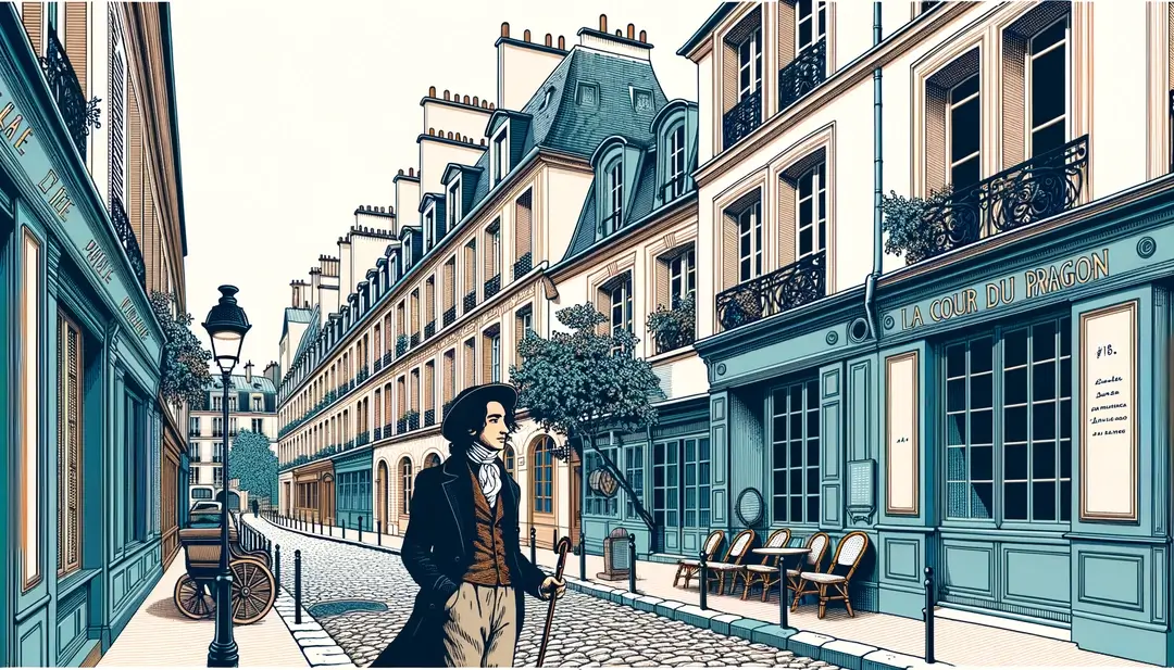 Escena de un escritor del siglo XVIII en un callejón parisino con arquitectura clásica