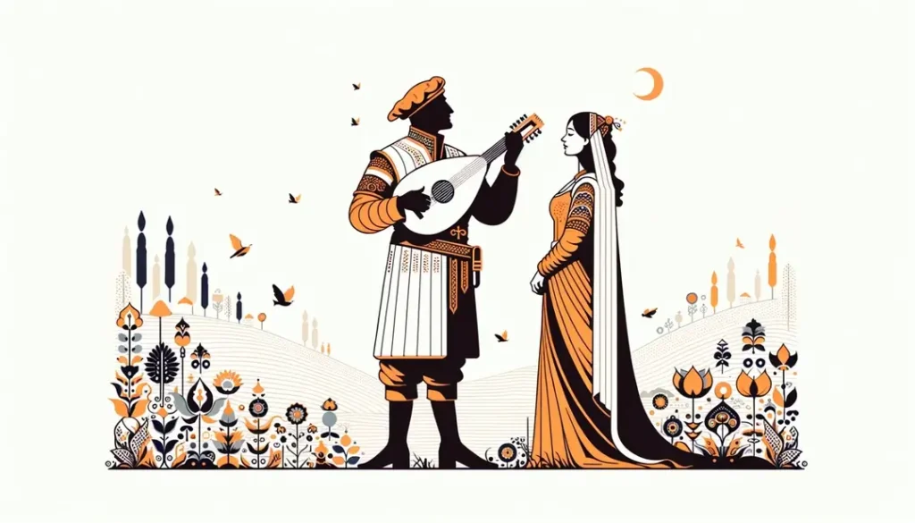 Ilustración de un trovador provenzal medieval tocando una melodía para una dama noble