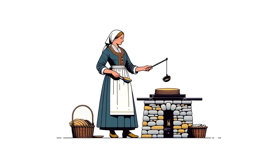 Ilustración minimalista de una mujer bretona haciendo crêpes y galettes en una crêperie