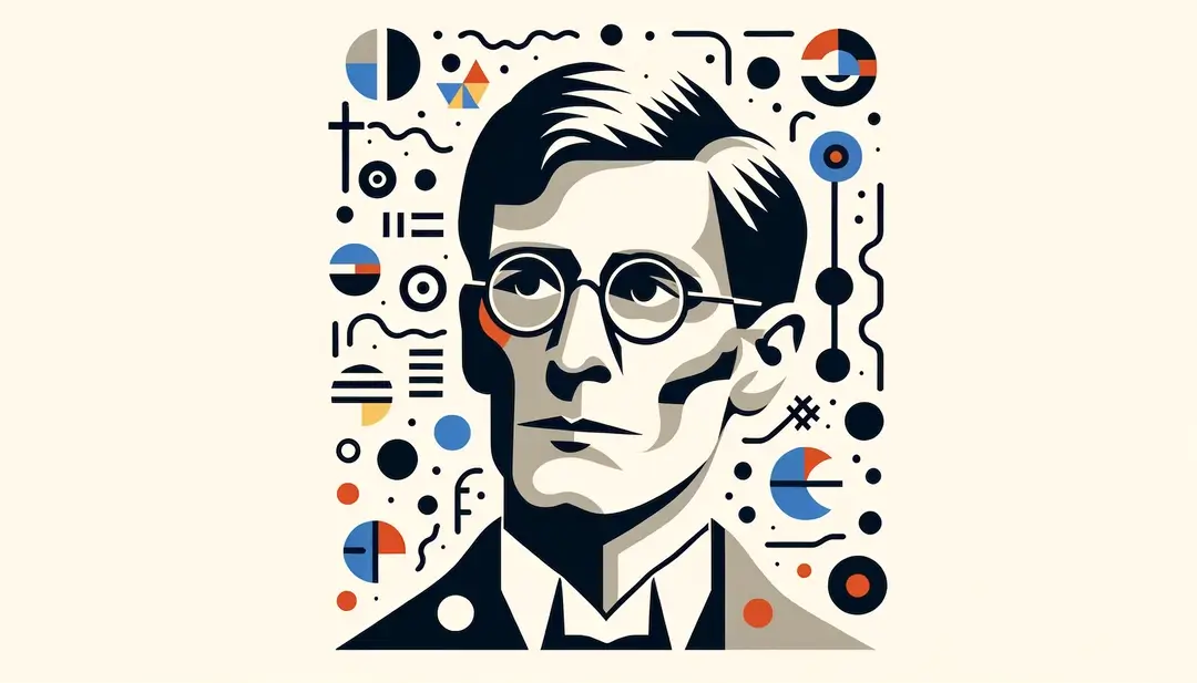 Retrato de Lucien Goldmann rodeado de representaciones filosóficas y literarias en un estilo minimalista