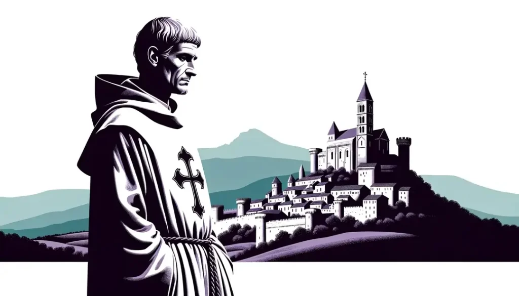 Ilustración minimalista de un líder cátaro y castillo de Occitania durante las Cruzadas Albigenses en el sur de Francia