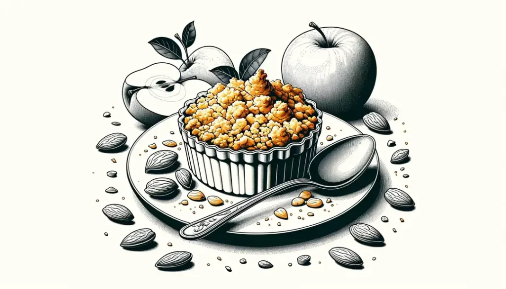 Ilustración de un crumble francés con almendras y manzanas