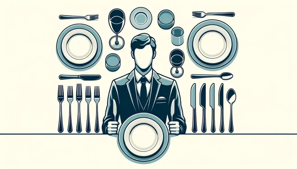 Ilustración de una mesa de cena formal con disposición de utensilios y figura humana mostrando buenos modales en la mesa
