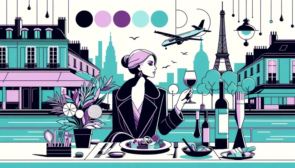 Ilustración minimalista de un festival culinario en París con figura humana disfrutando de un vino
