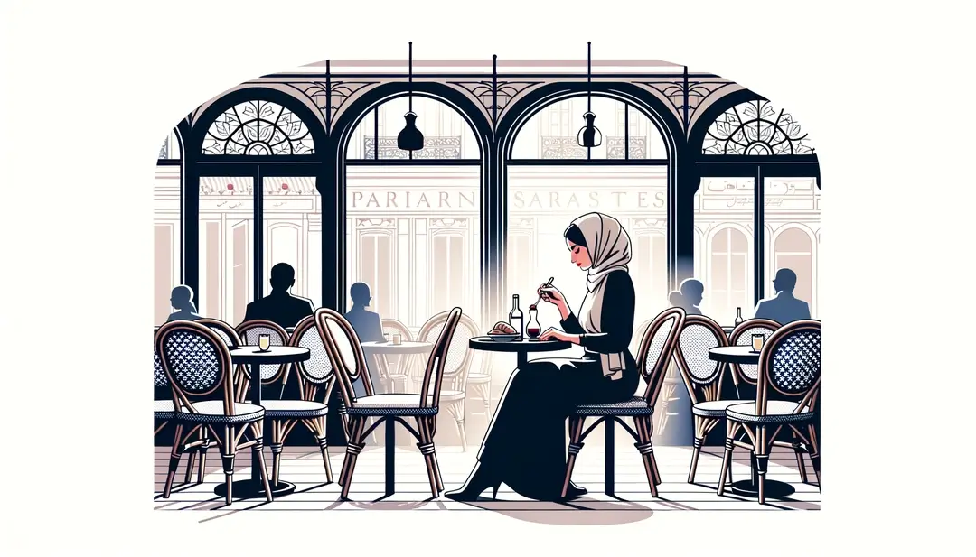 Escena minimalista de una brasserie parisina con figura humana disfrutando de una comida clásica