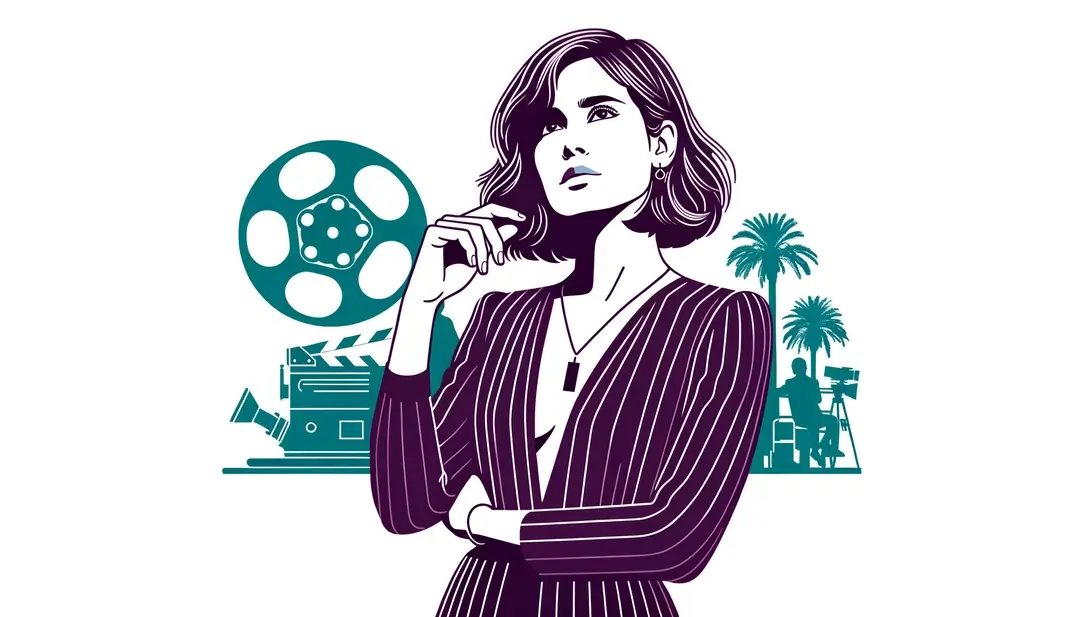 Un cineasta sosteniendo un carrete de película en el Festival de Cannes con fondo blanco. Paleta de colores limitada.